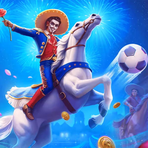 A festive mariachi-themed Duospin casino game featuring a rider on a white horse, fireworks, and coins.